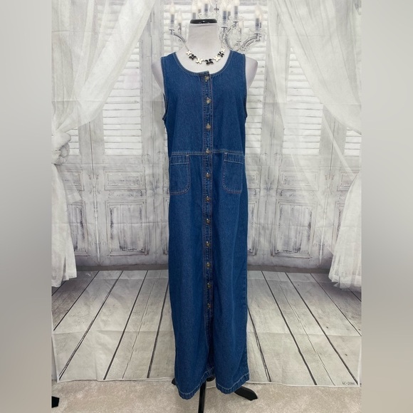 Expressions Size Medium Sleeveless Long Cotton Dress Denim Button Modest Church - Picture 1 of 14